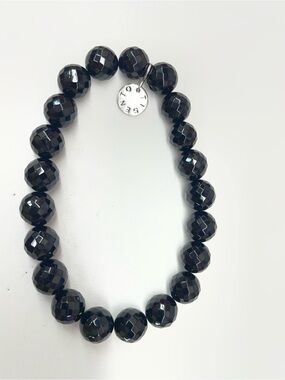 Faceted Black Bead Necklace with Silver Logo Charm
